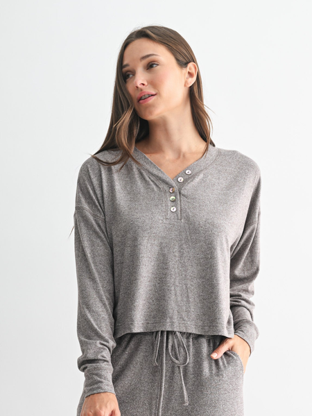 Espresso Brushed Hacci Button Long Sleeve Top
