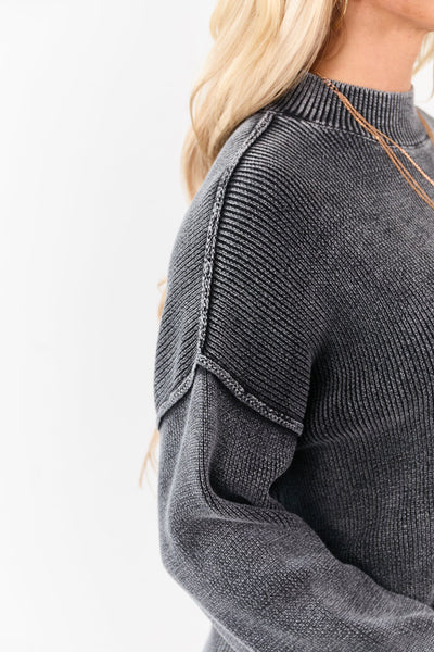 Charcoal Mineral Washed Mockneck Sweater