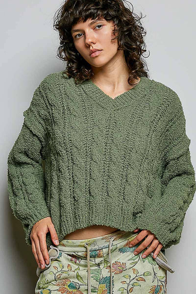 Olive Cropped V-Neck Sweater
