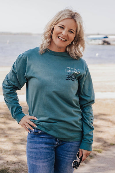 LakeGirl Sip & Sail Long Sleeve Tee in Dark Teal