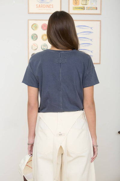 Navy Short Sleeve Exposed Seam Knit Top