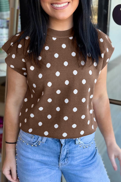 Brown Polka Dot Short Sleeve Sweater