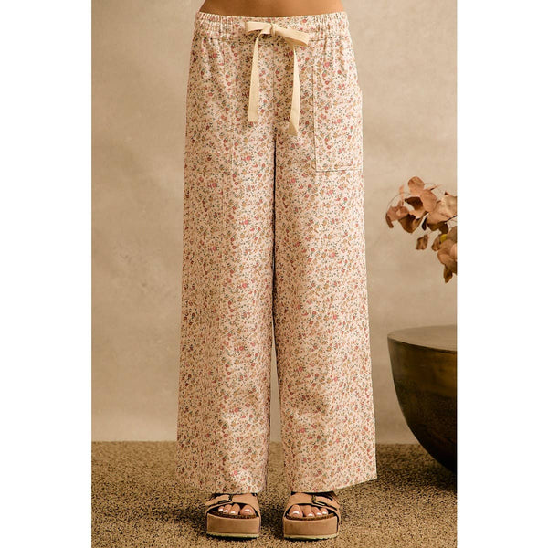 Cream Floral Cotton Wide Leg Pants