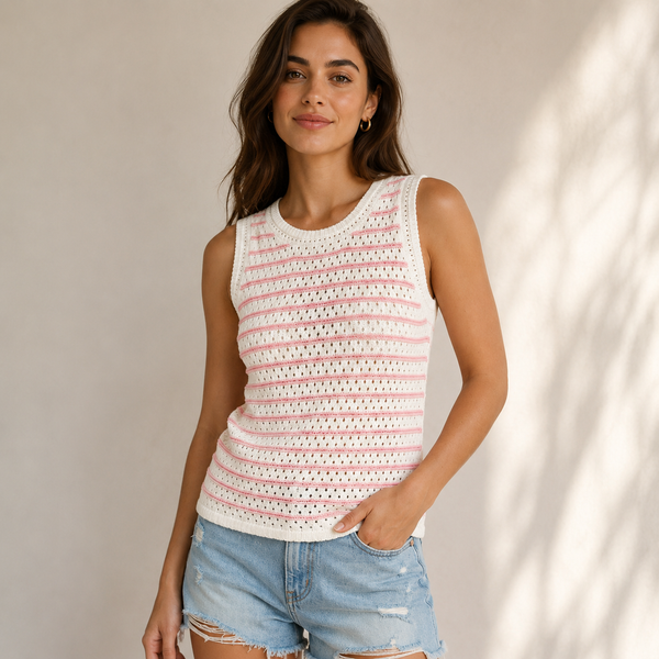 Pink Stripe Crochet Sleeveless Sweater
