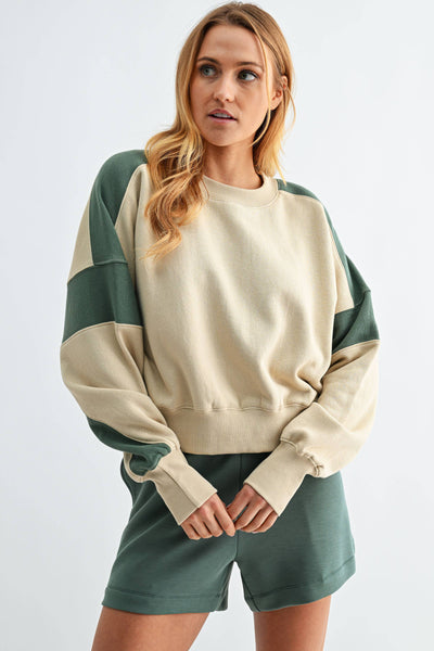 Evergreen & Taupe Color-Block Sweatshirt