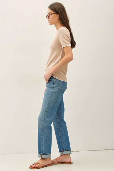 Sand Faux Double Layer Short Sleeve Sweater