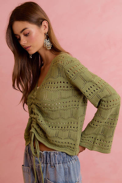 Olive Pointelle Knit V-Neck Ruched Top