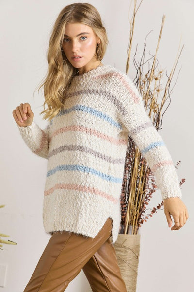 Cream Striped Popcorn Sweater