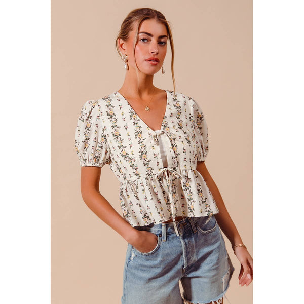 Ivory Floral Tie Front Blouse
