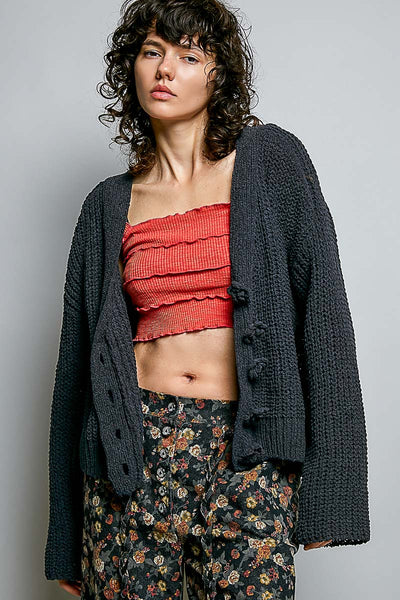 Charcoal Chenille Flower Button Cardigan