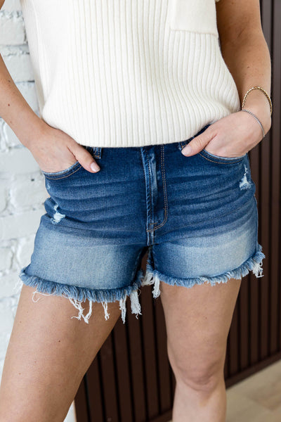 Zenana Dark Wash Raw Hem Denim Shorts