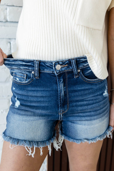 Zenana Dark Wash Raw Hem Denim Shorts
