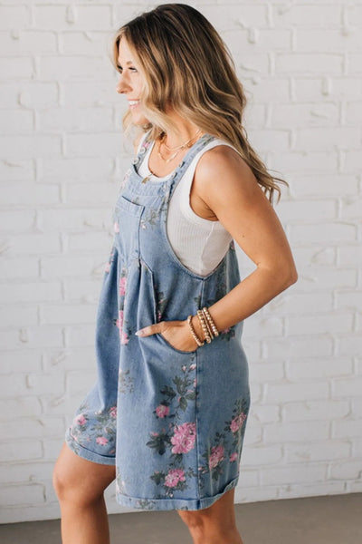 Floral Print Denim Overalls