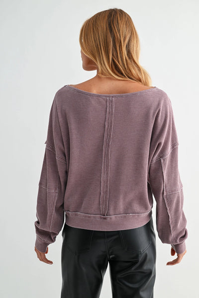 Rose Taupe Raw Edge Waffle Knit Pullover