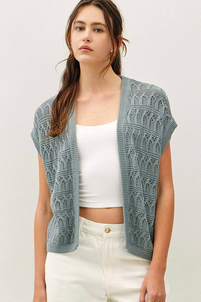 Teal Crochet Knit Short Sleeve Open Front Cardigan