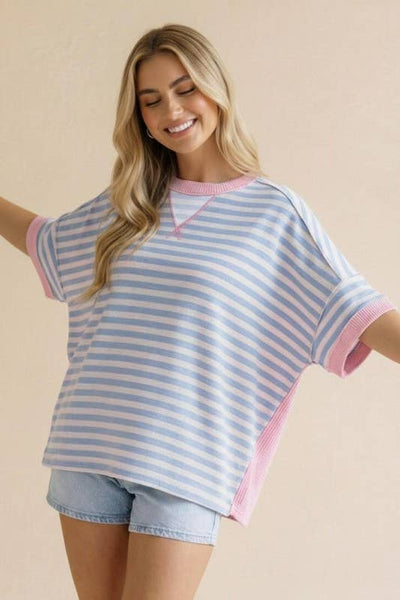 Light Blue & Pink Stripe Pullover Top