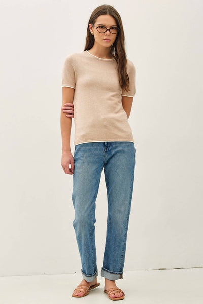 Sand Faux Double Layer Short Sleeve Sweater