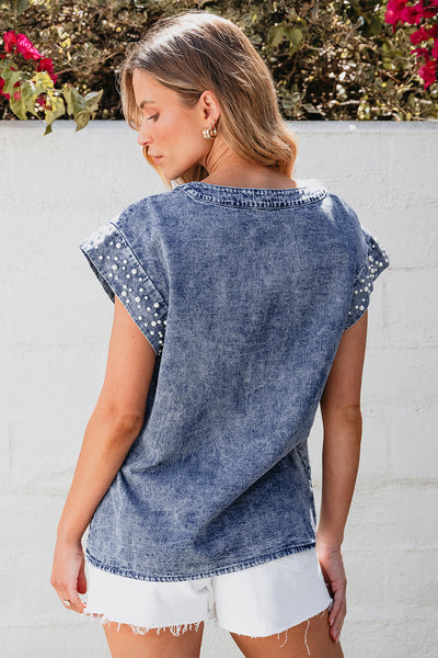 Denim Acid Wash Pearl Top