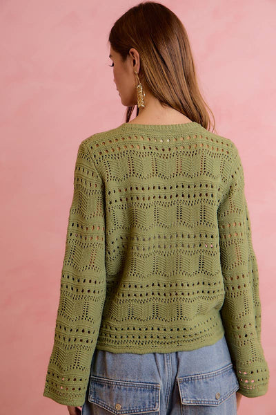 Olive Pointelle Knit V-Neck Ruched Top