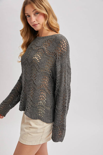 Ash Grey Scalloped Hem Open Knit Sweater