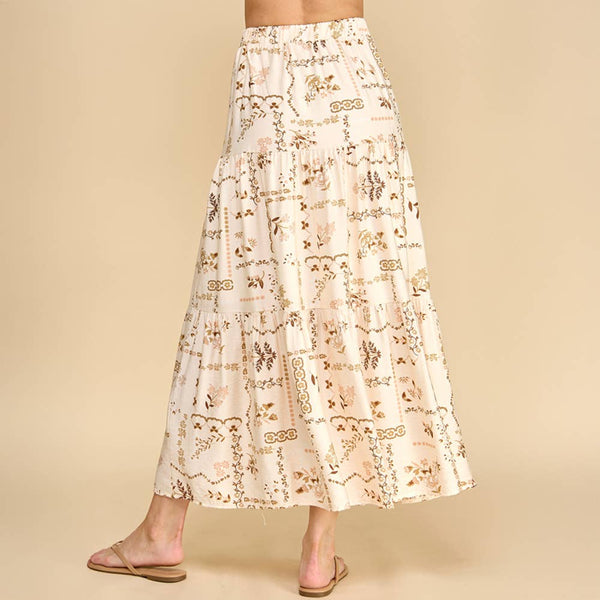 Cream Floral Patchwork Tiered Maxi Skirt
