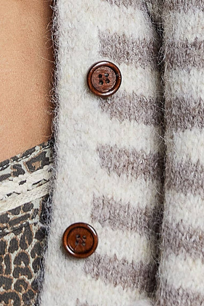 Almond Striped Hooded Ribbed Knit Cardigan
