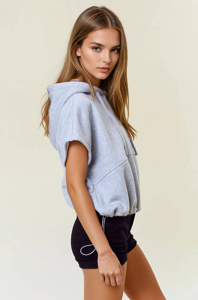 Heather Grey Drawstring Bottom Short Sleeve Hoodie