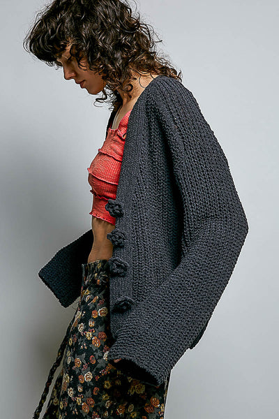 Charcoal Chenille Flower Button Cardigan