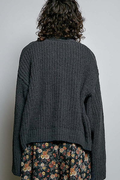 Charcoal Chenille Flower Button Cardigan