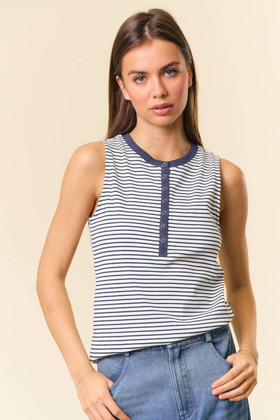 White & Navy Striped Button Tank Top