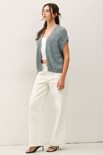 Teal Crochet Knit Short Sleeve Open Front Cardigan