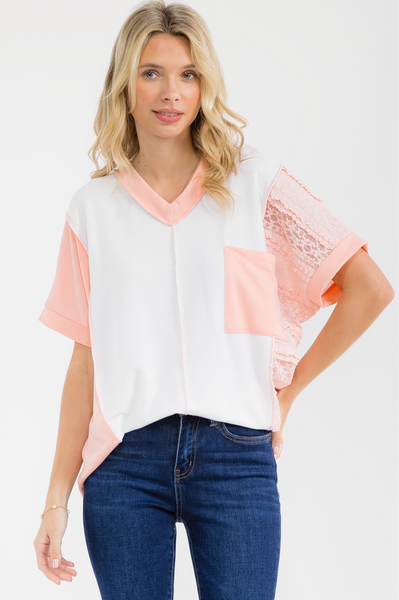 Ivory & Peach Lace V-Neck Top