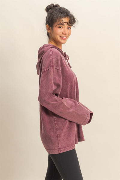 Dark Cherry Oversized Hooded Long Sleeve Top