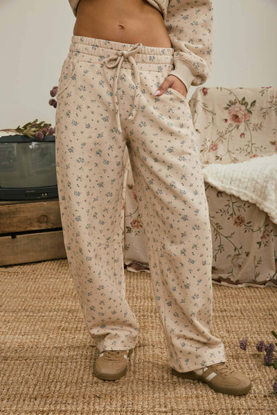 Oatmeal Ditsy Floral Drawstring Wide Leg Pants