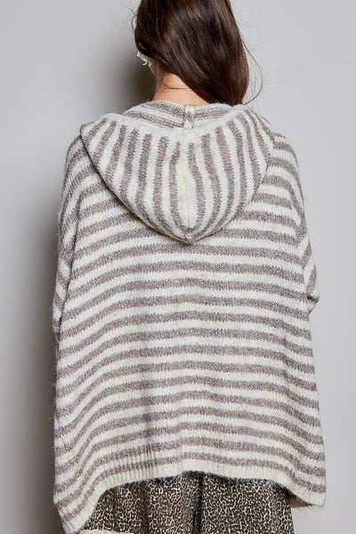 Almond Striped Hooded Ribbed Knit Cardigan