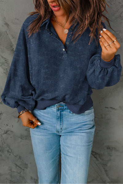 Blue Washed Snap Neckline Pullover Sweatshirt
