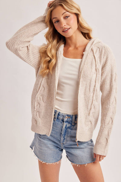 Oatmeal Zip-Up Cable Knit Sweater Cardigan With Hood
