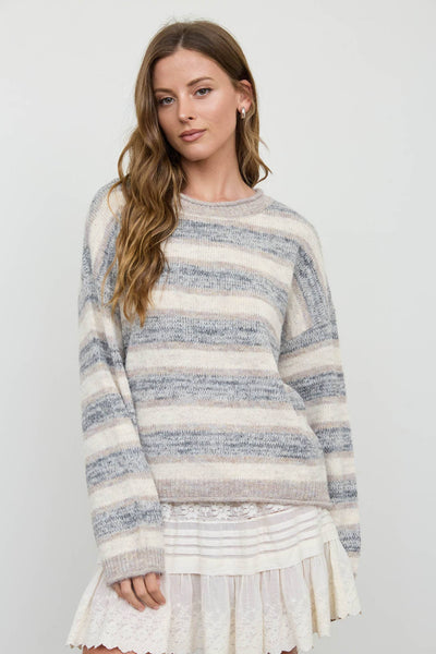Light Gray and Mocha Heathered Stripe Knit Sweater