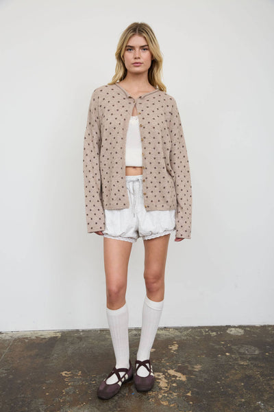 Polka Dot Button Down Raw Edge Knit Cardigan