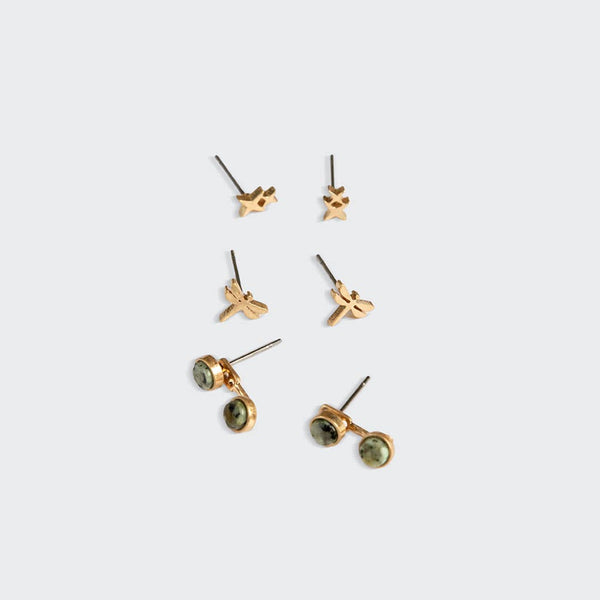 Trio Earring Set - Dragonfly/African Turquoise/Gold