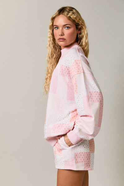 Pink Patch Work Mockneck Sweatshirt