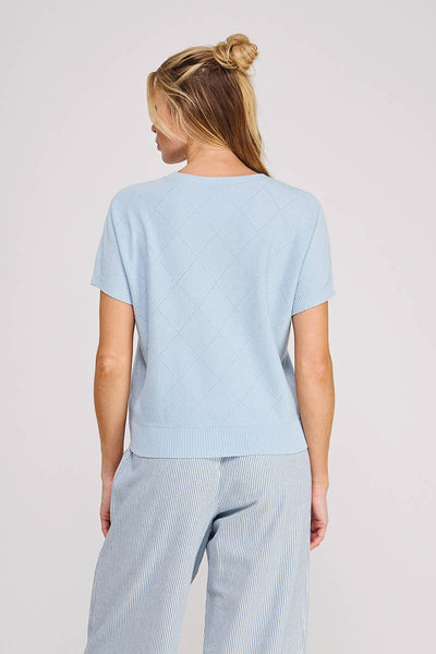 Sky Blue Short Sleeve Diamond Pointelle Top