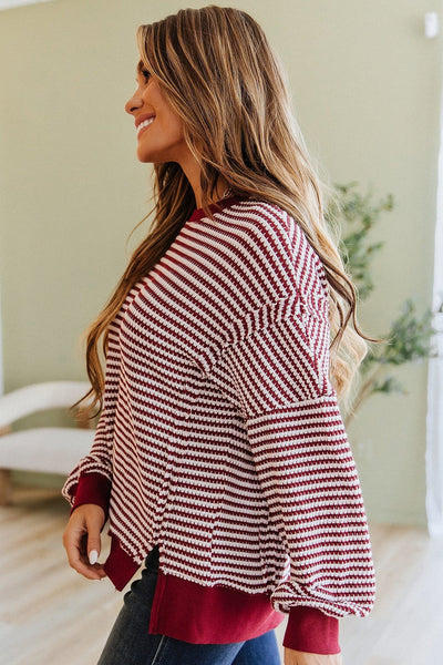 Burgundy Striped Ribbed Oversized Top
