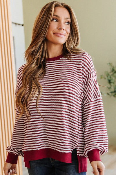 Burgundy Striped Ribbed Oversized Top