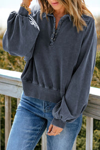 Blue Washed Snap Neckline Pullover Sweatshirt
