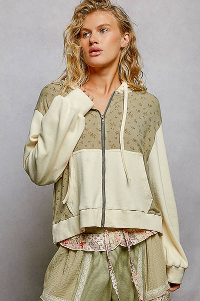Sage Thermal Floral Knit Zip-Up Hoodie