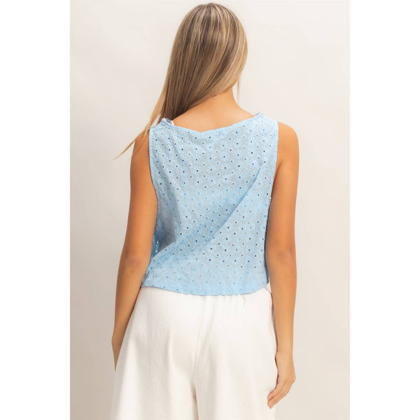 Baby Blue Sleeveless Textured Eyelet Top With Side Straps