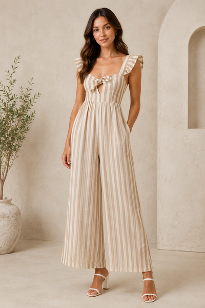 Beige Striped Cotton Gauze Wide Leg Jumper