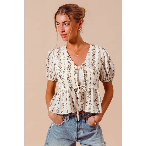 Ivory Floral Tie Front Blouse