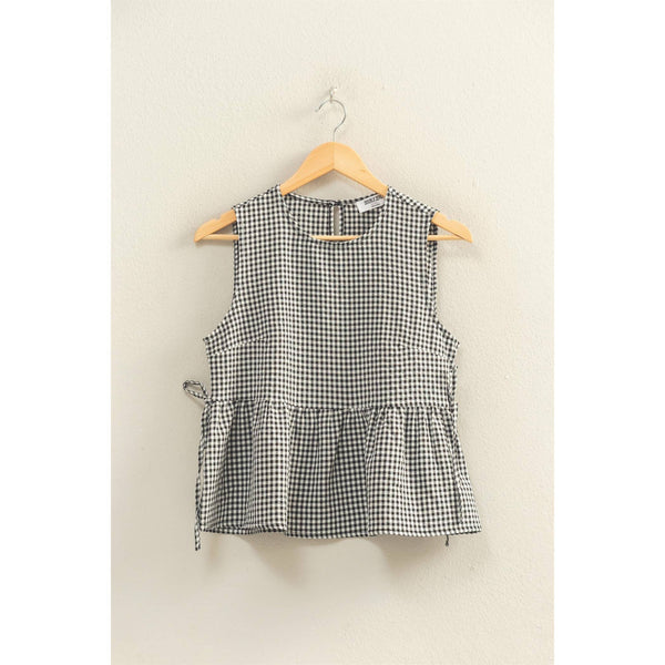 Black Gingham Sleeveless Peplum Top